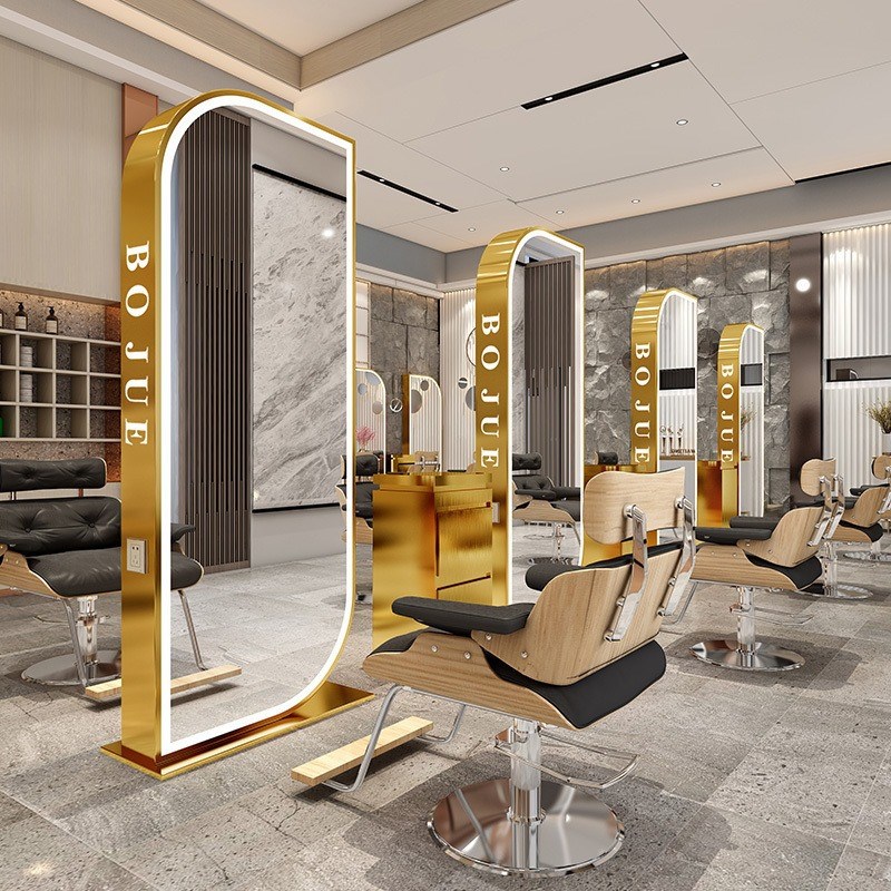 网红理发店镜子挂墙美发店镜台大圆镜发廊专用带灯发光剪发壁挂式