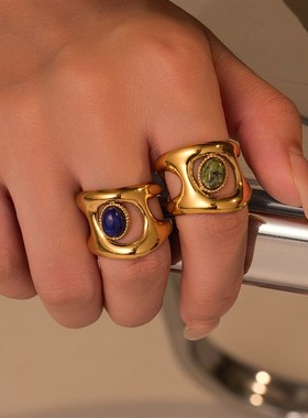 法式复古不规则几何镂空镶天然石百搭气质高级感开口戒指指环