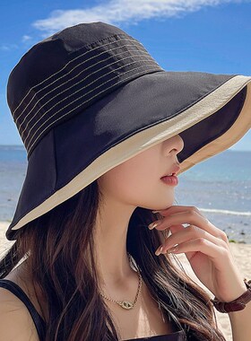 春夏遮脸时尚韩版遮阳帽子渔夫帽女大檐出游沙滩大沿防晒太阳帽潮