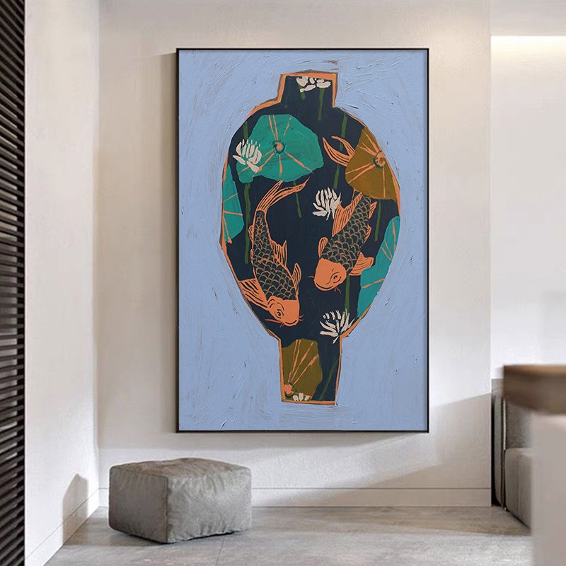北欧抽象花瓶客厅装饰画鲤鱼小众艺术G挂画玄关过道锦鲤纯手绘油图片