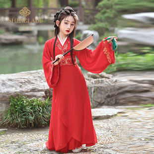 汉服女童2025新款儿童s战国袍魏晋南北朝红色古装连衣裙夏季演出