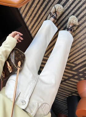 松弛感buff白色加厚牛仔裤女冬季I新保暖小个子加绒九分阔腿裤