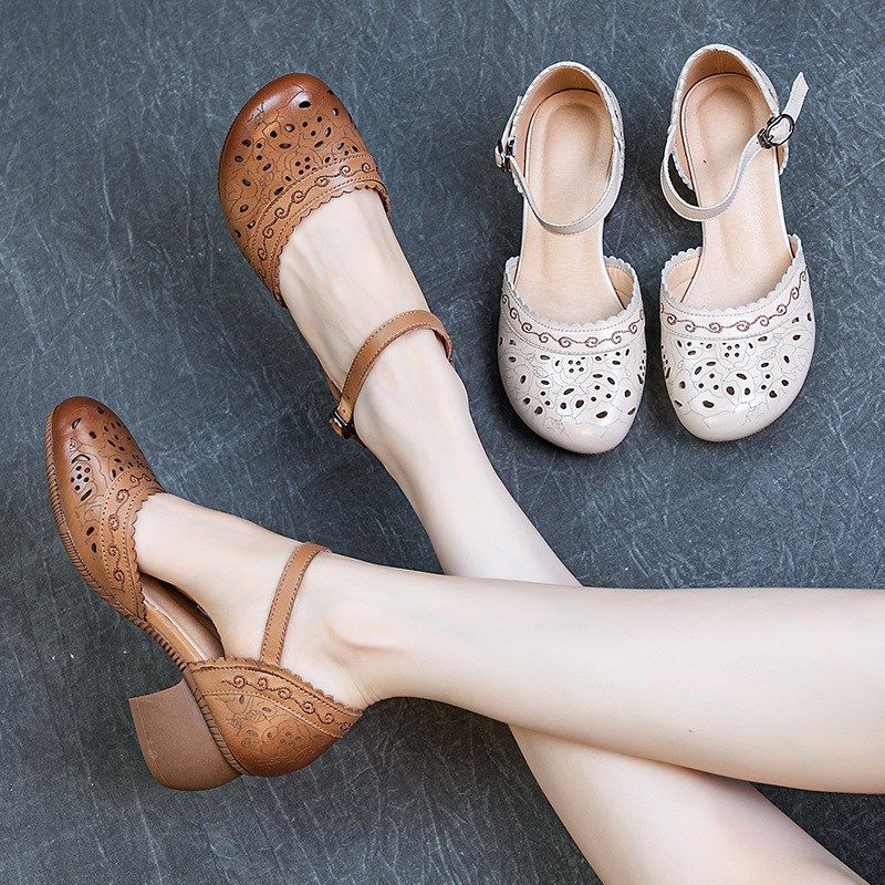 高档女士时尚真皮凉鞋2025夏季新款粗跟软底O镂空中年妈妈中空女,女鞋,罗马凉鞋,淘宝优惠券,粉丝福利购,淘宝优惠卷