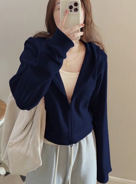 藏蓝色连帽卫衣外套女秋冬装2025新款爆款小个子拉V链开衫短款上