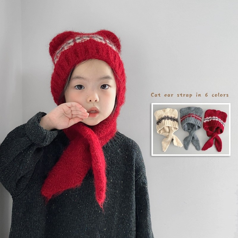 儿童帽子围巾一体帽秋冬新款可爱保暖护耳针织宝宝毛线帽