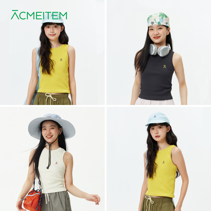 ACMEITEM爱棵米 户外刺绣彩色针织背心圆领修身运动无袖上衣女