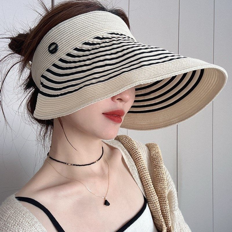 25春夏/超轻布草编织条纹空顶帽女遮阳大檐帽可折叠蛋卷帽凉帽