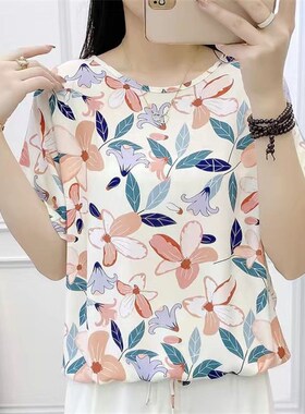 2023年夏季棉绸上衣女士薄款宽松E显瘦印花短袖人造棉圆领t恤半袖