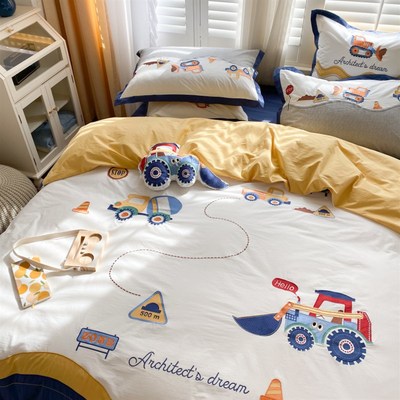 60支卡通刺绣水洗棉全棉四件套儿童童趣透气亲肤纯棉被套床上用品