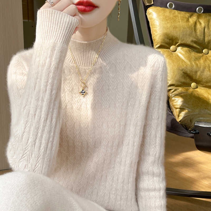 24秋冬100纯羊绒衫女半高y领绞花针织羊毛衫宽松长袖打底套头毛