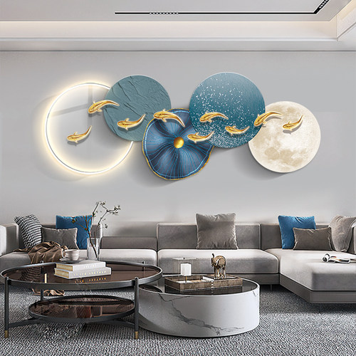 九鱼客厅装饰画带灯发光沙发背景墙挂画现代简约高级感大幅墙壁画
