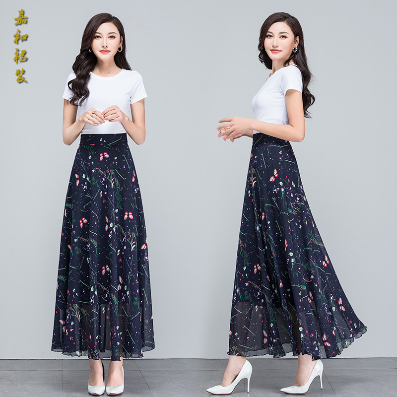 2021新款夏季复古碎花雪纺半身长裙a字高腰大摆舞裙中长款女裙子