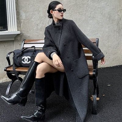 双面呢羊绒大衣女2024秋冬新款韩系立领双排扣中长款通勤毛呢外套