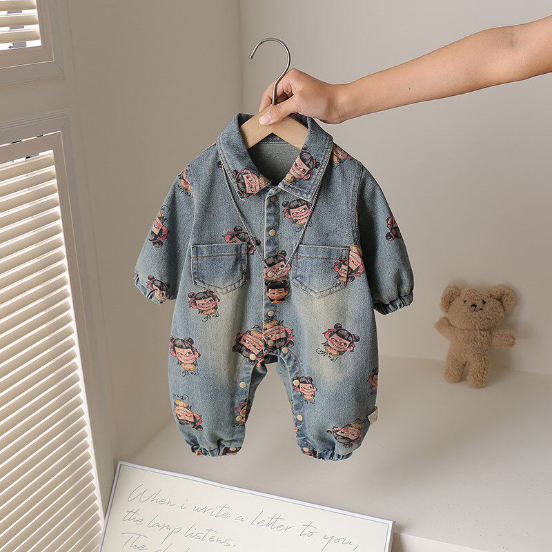 哪吒衣服婴儿春装牛仔连体衣洋气网红套装男宝宝外套春秋外出爬服