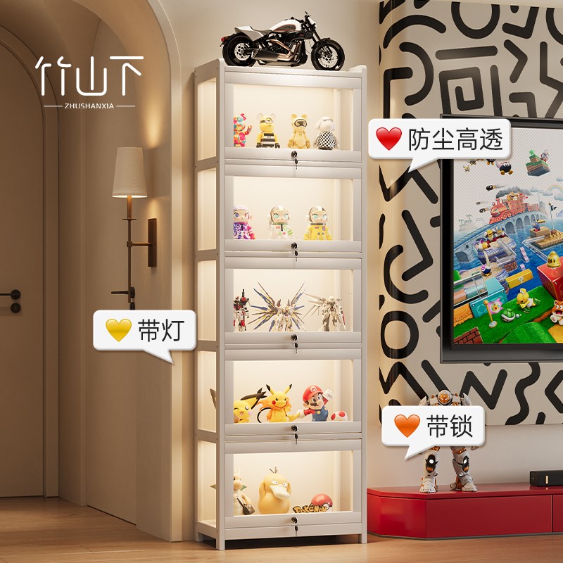 手办展示柜家用落地痛柜多层防尘收纳柜带灯带锁透明亚克力置物架