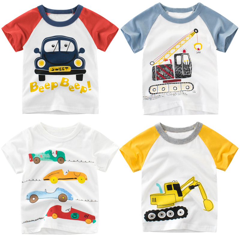 3岁男童纯棉短袖T恤小汽车4男孩5儿童夏装半袖衣服挖掘挖土机图案