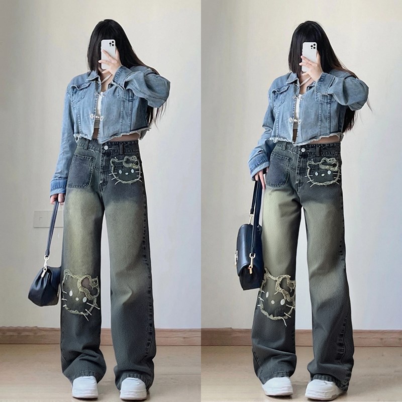 大码女装猫咪刺绣贴布牛仔裤女胖mm设计感裤子美式甜辣风阔腿长裤