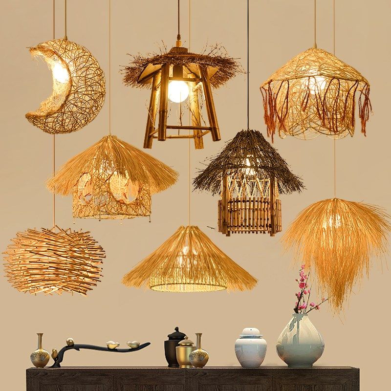 藤艺吊灯日系餐厅饭店卧室客厅个性创意手工编织草帽竹编竹艺灯罩,家装灯饰光源,餐厅吊灯,淘宝优惠券,粉丝福利购,淘宝优惠卷