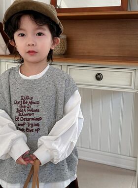 暮晨家新款春装2024男s童字母针织马甲背心中小童长袖T恤两件套装