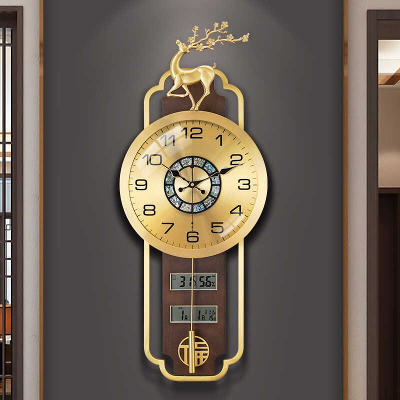 新款新中式客厅黄铜家用挂钟豪华简约万年历茶室石英钟表个性挂表