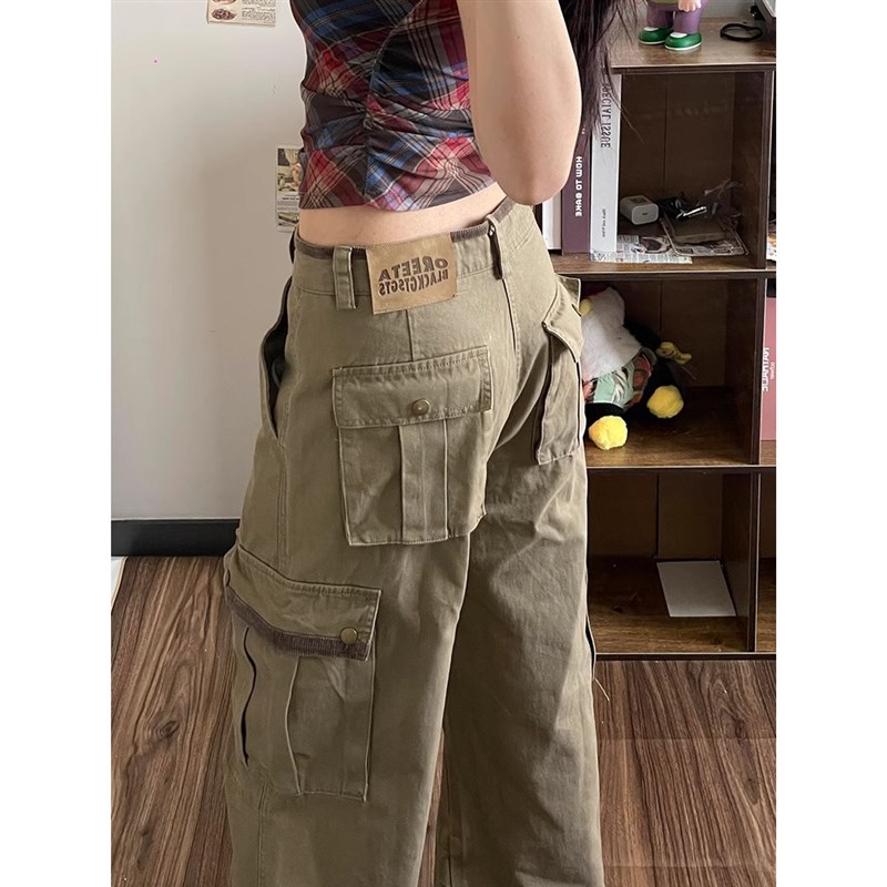 大码胖mm美式复古做旧多口袋工装牛仔裤女春季高街阔腿宽松直筒裤