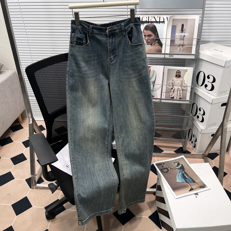 胡子叔大码女装胖mm春秋新款复古高腰牛仔裤女宽松弹力直筒裤子潮