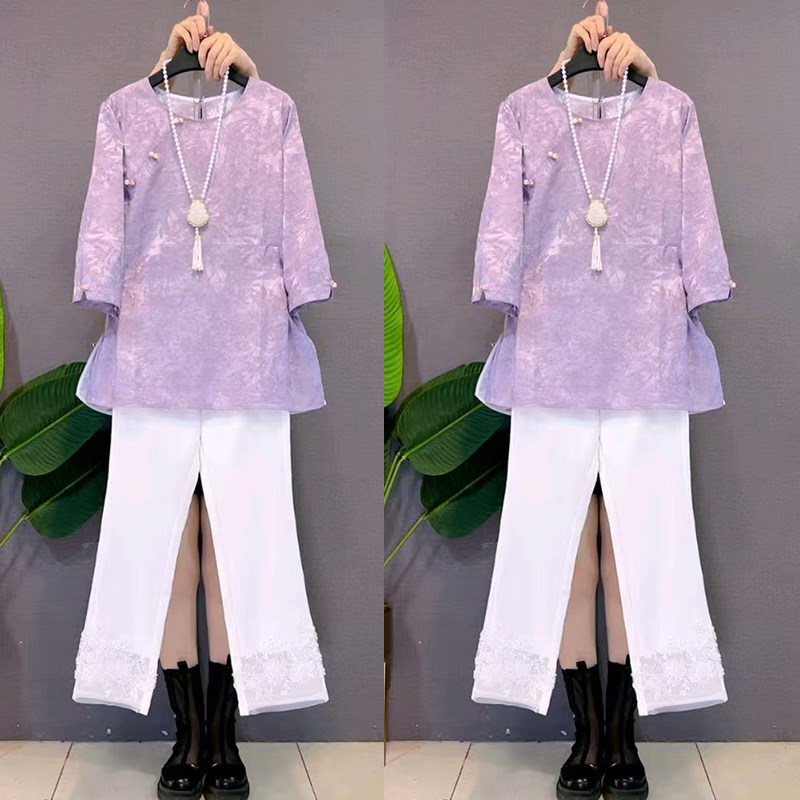 胖妹妹2025夏季新中式裤子套装五分袖圆领遮肉上衣时尚气质两件套