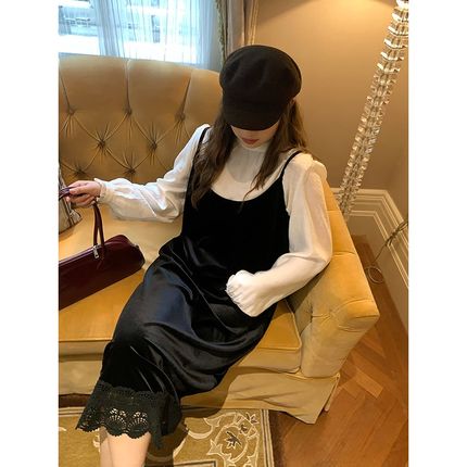 NAZ那子大码秋冬新款法t式千金风衬衣丝绒吊带连衣裙胖mm洋气套装