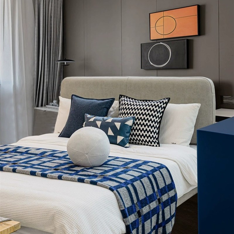 现代简约样板间软装床品男孩卧室儿童房蓝色系床搭毯床旗抱枕套件