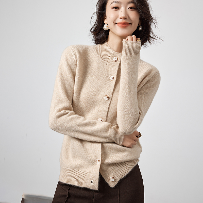 秋冬季圆领羊绒衫外搭小开衫女高级感纯羊绒毛衣针织外套2024新款