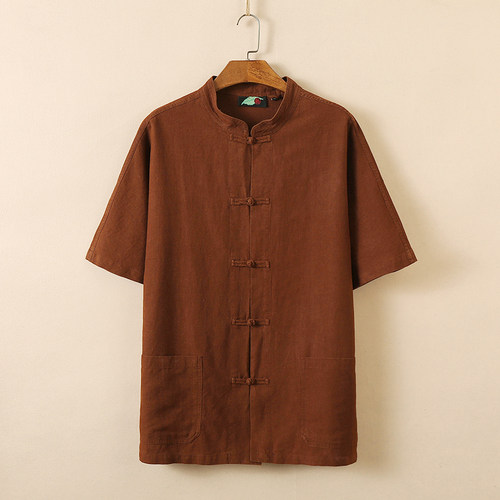 楠唐装中国风男复古盘扣短袖全麻中年大码休闲苎麻立领烟岚