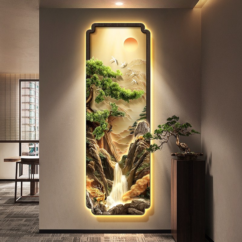 旭日东升玄关装饰画流水生财走廊过道挂画迎客松入户细长条壁画灯,家居饰品,现代装饰画,淘宝优惠券,粉丝福利购,淘宝优惠卷