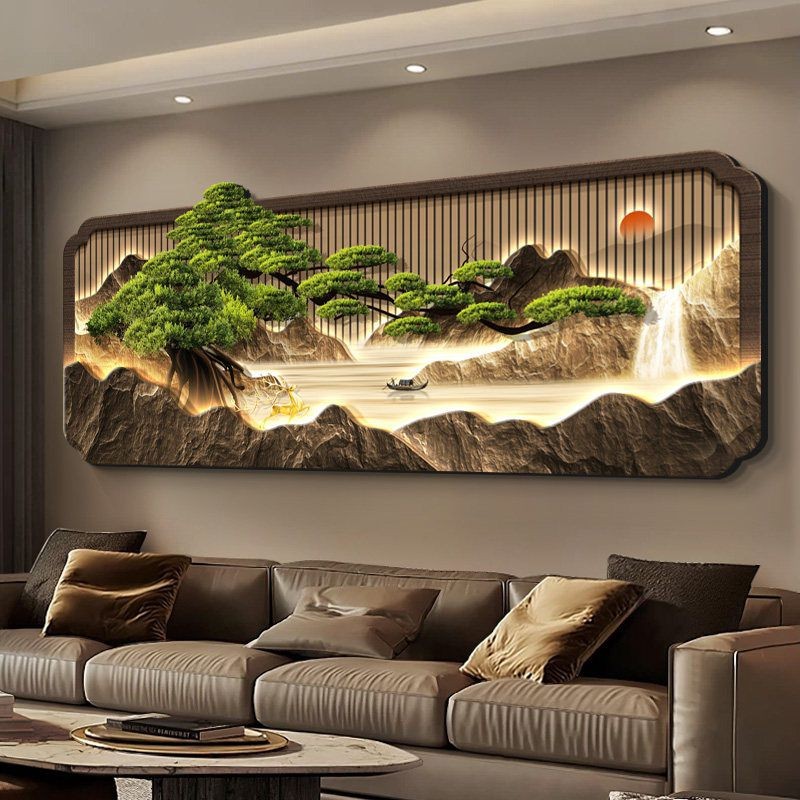 新中式客厅装饰画轻奢迎客松沙发背景墙壁画高档双层led氛围灯画