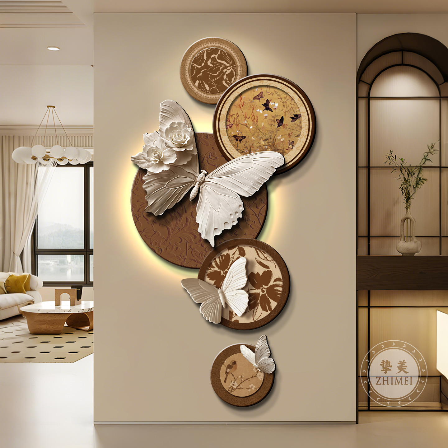 法式蝴蝶入户门玄关装饰画2025新款走廊过道挂画高级感发光灯壁画图片