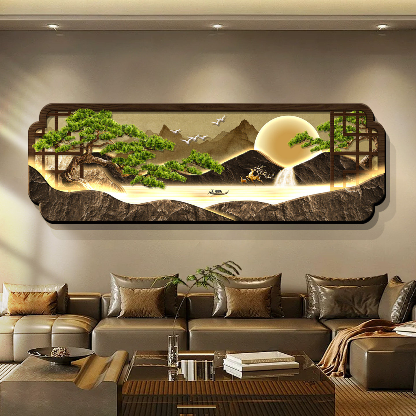 新中式流水生财客厅装饰画迎客松茶室山水画高级感沙发背景墙挂画