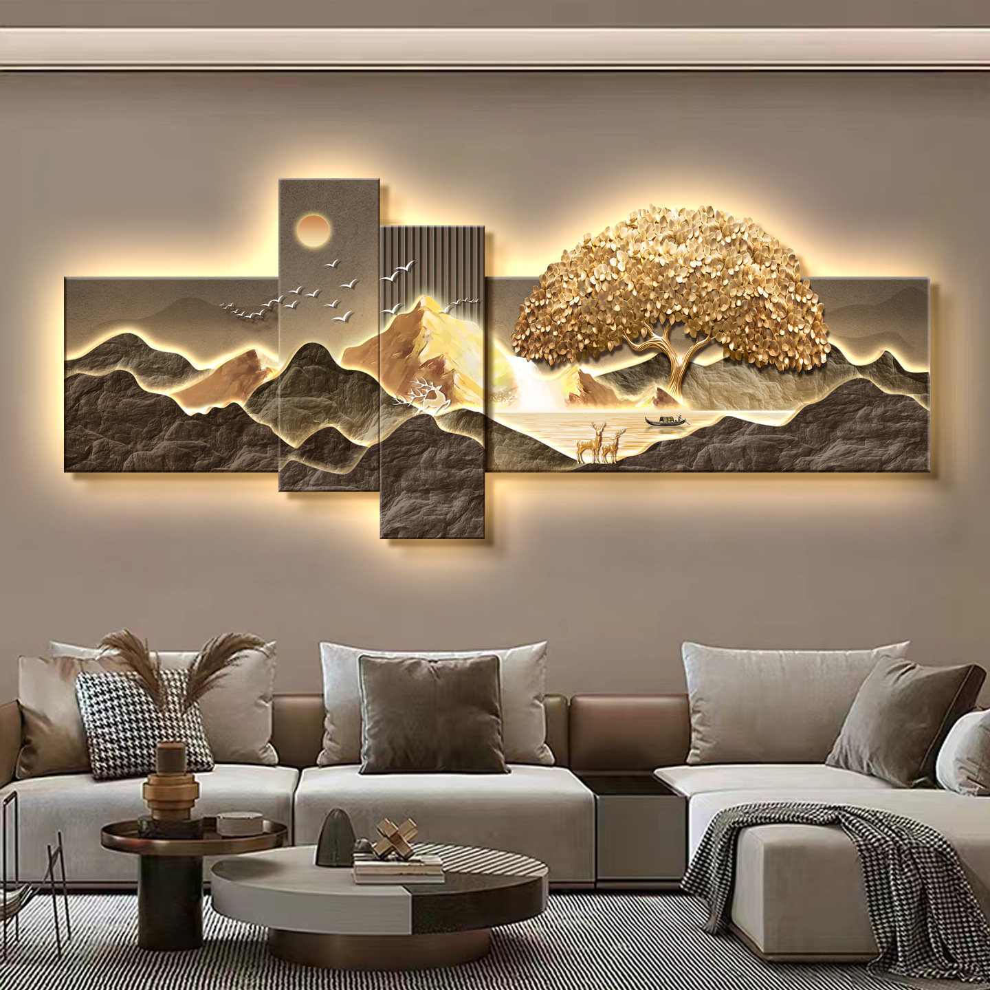 现代轻奢背有靠山客厅装饰画高档发财树沙发背景墙挂画LED壁灯画