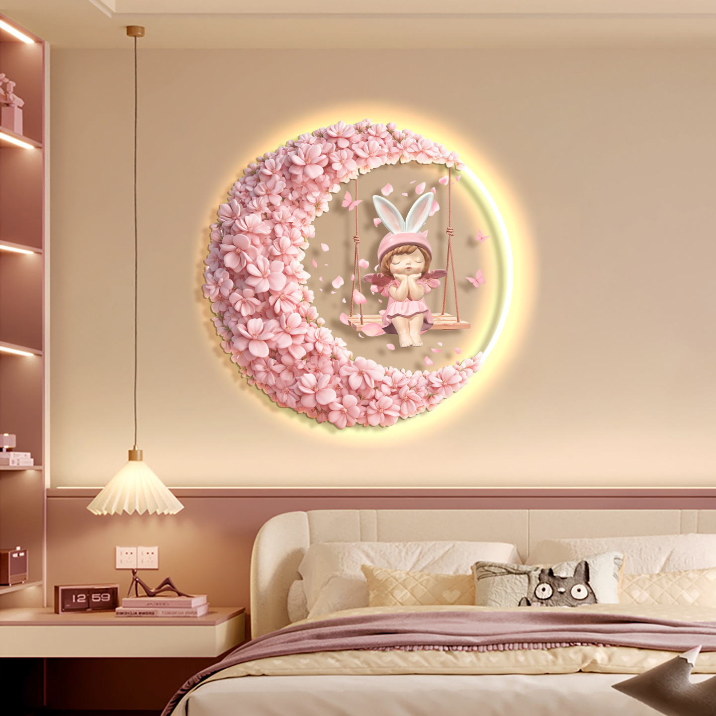 奶油风粉色儿童房温馨灯画卧室床头装饰画高级感女孩公主房间挂画