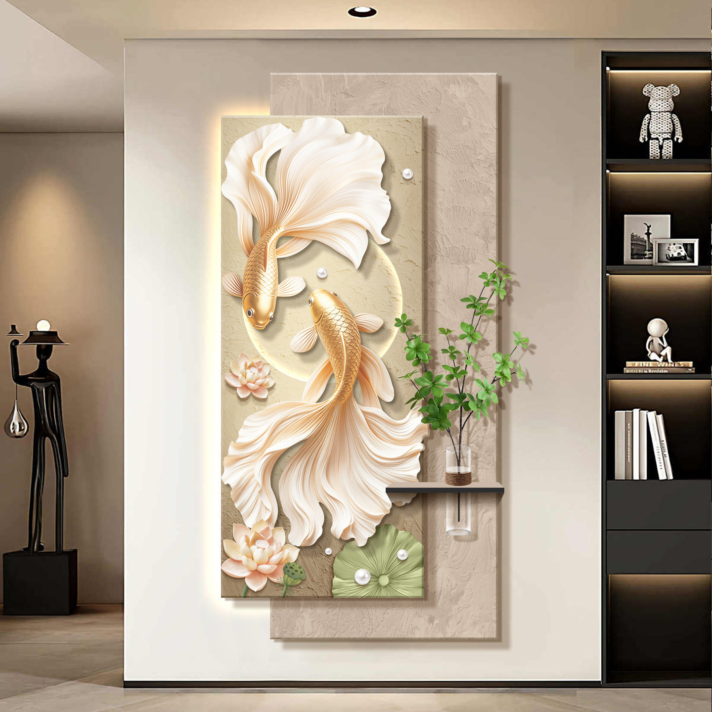 轻奢锦鲤荷花装饰画玄关走廊过道带灯挂画现代简约客厅竖版墙壁画