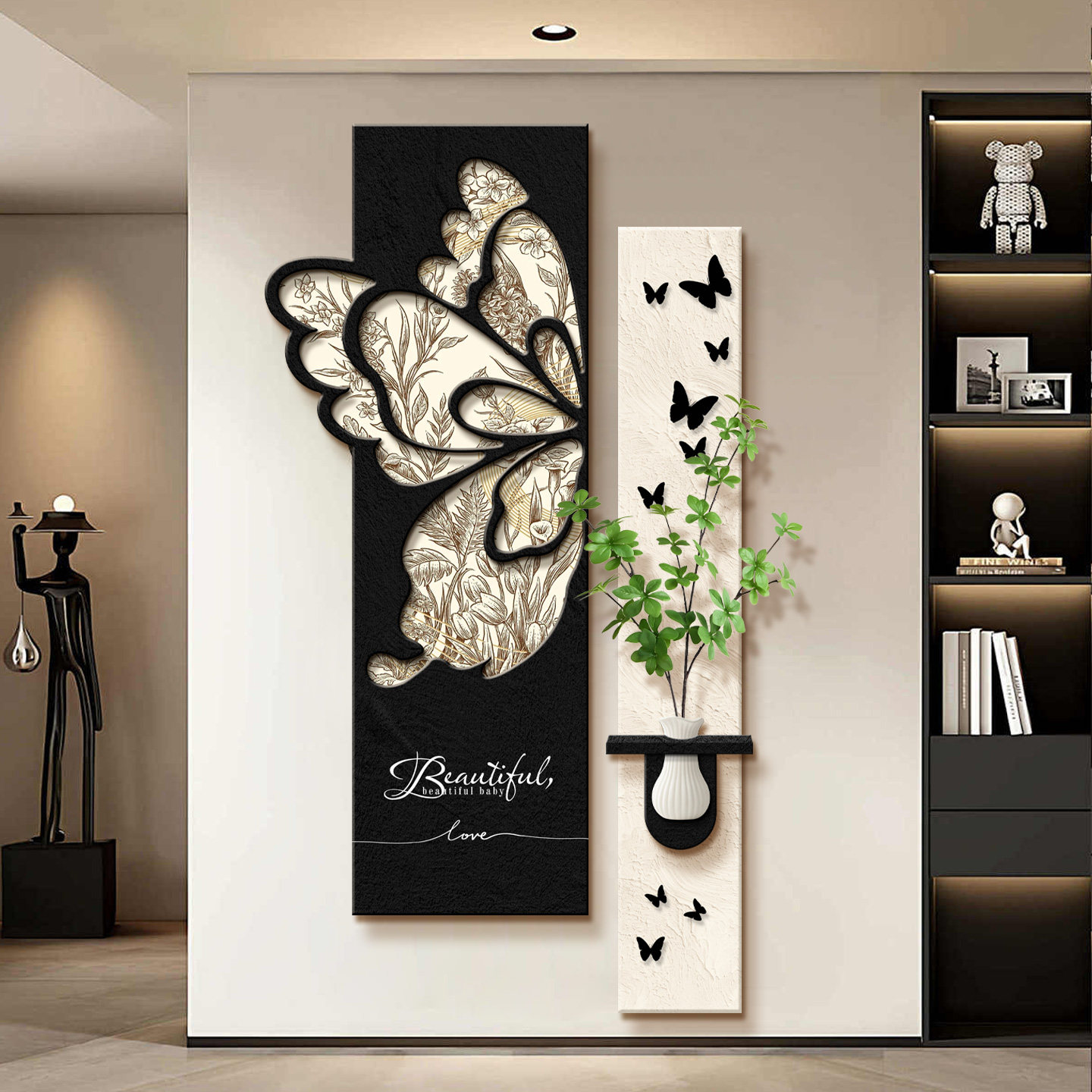 花鸟蝴蝶入户玄关装饰画中古风走廊过道挂画法式复古餐厅带灯壁画