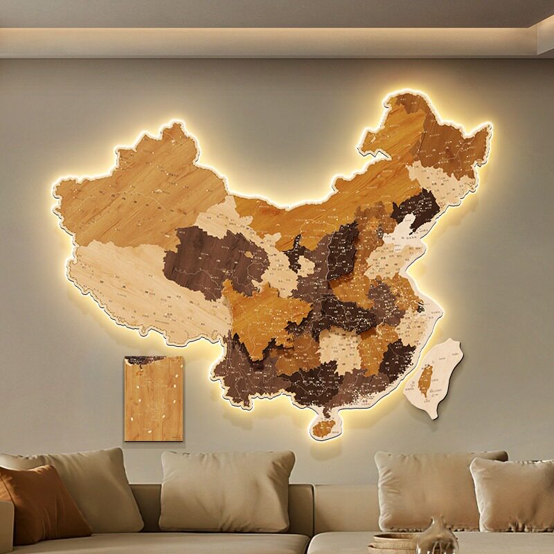 中国地图公司客厅沙发背景墙挂饰装饰画拼接立体感LED发光壁画灯