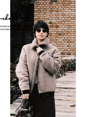 KOKO WANG秋冬新款羊毛混纺休闲翻领时尚拉链夹克外套N2445I26W50