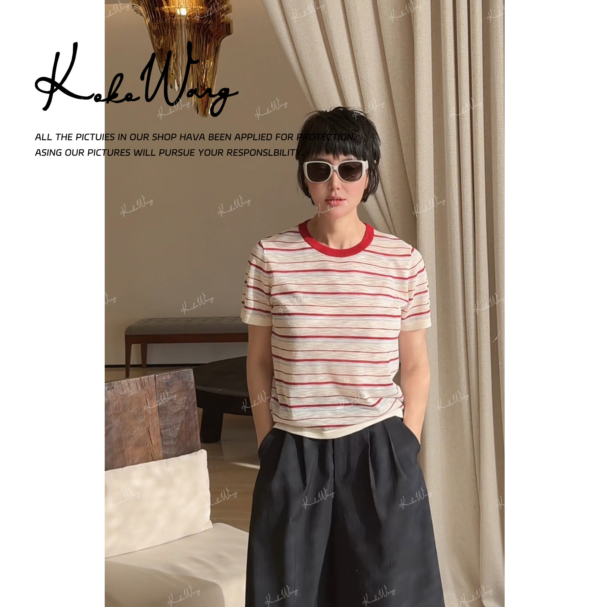 KOKO WANG四季T】撞色条纹32支竹节麻16针针织短袖T恤N2596A08T46,女装/女士精品,毛针织衫,淘宝优惠券,粉丝福利购,淘宝优惠卷