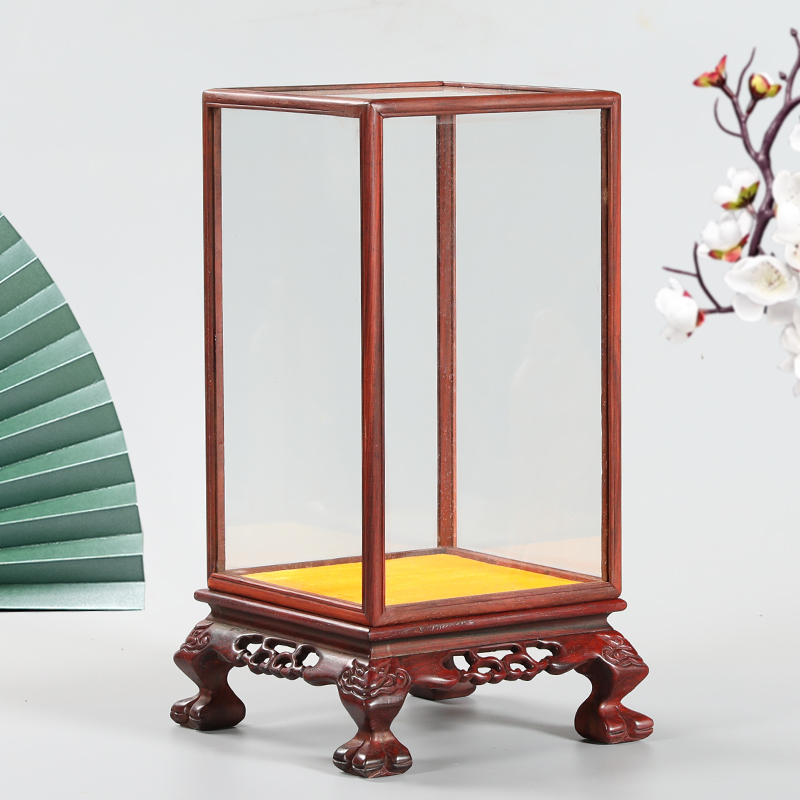 红酸枝木雕刻虎脚玻璃罩工艺品展示盒古董文玩佛像摆件透明防尘罩