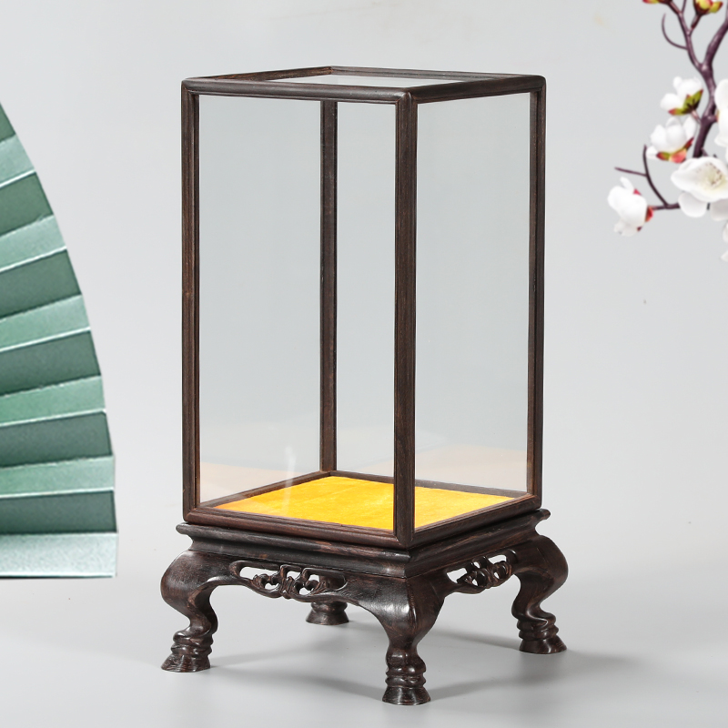 黑檀木马蹄脚佛像摆件宝笼玻璃罩实木雕刻工艺品底座透明展示罩子