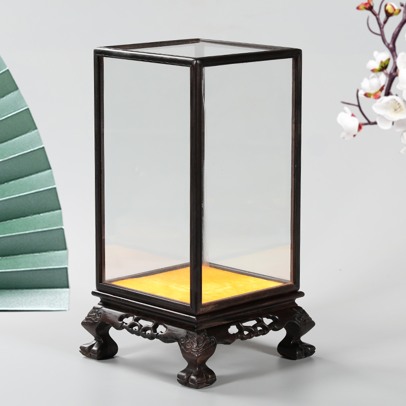 黑檀木虎脚雕刻玻璃罩工艺品透明展示盒古董文玩佛像摆件防尘罩