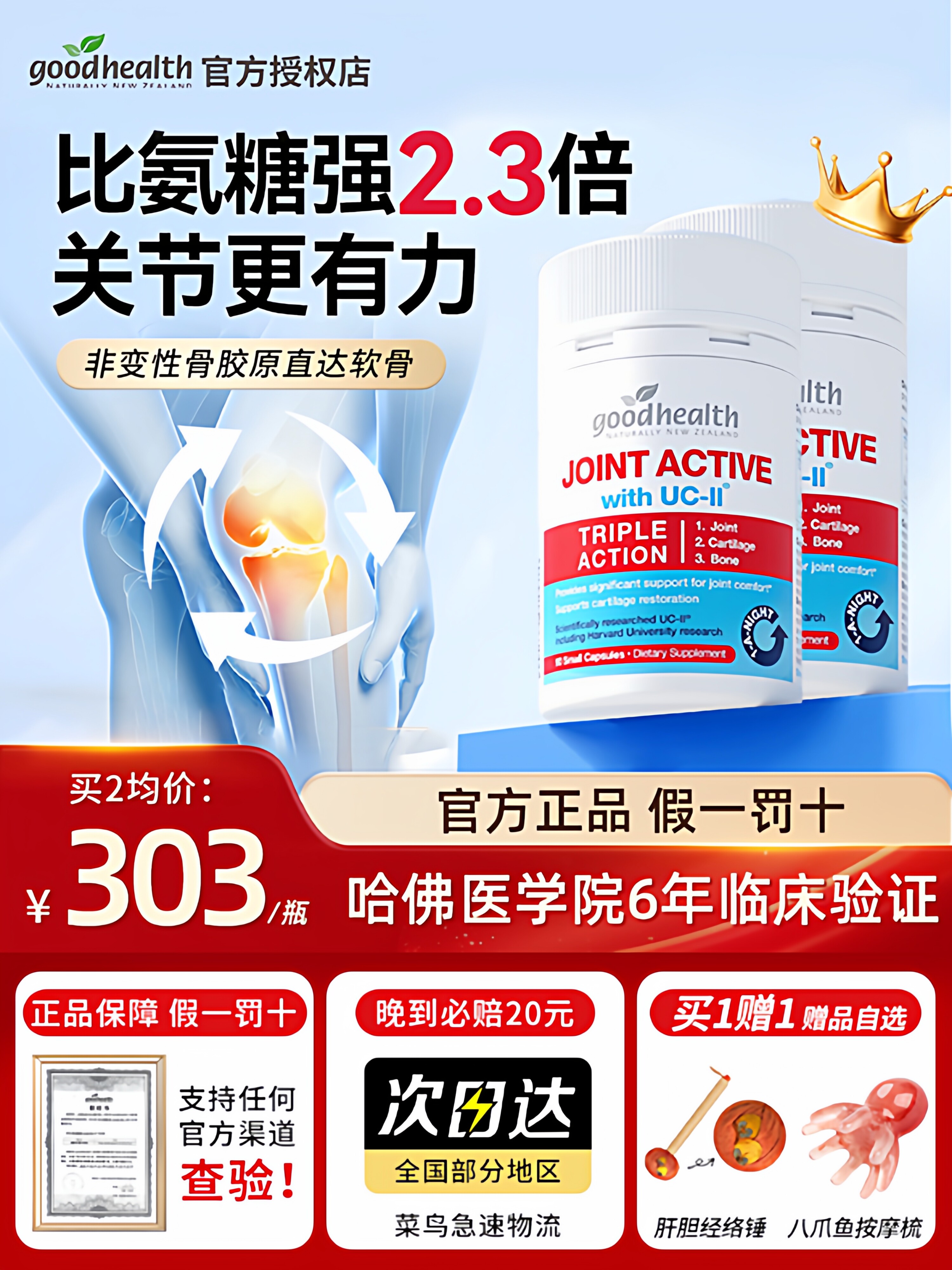 Goodhealth, good health, non denaturing type II collagen, 2.3 times chondroitin sulfate, imported from New Zealand