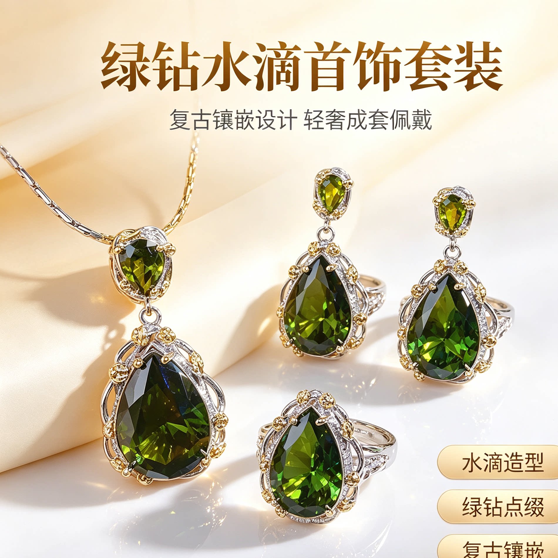 橄榄绿锆石套装女轻奢高级感项链耳钉戒指耳环复古小众设计感饰品