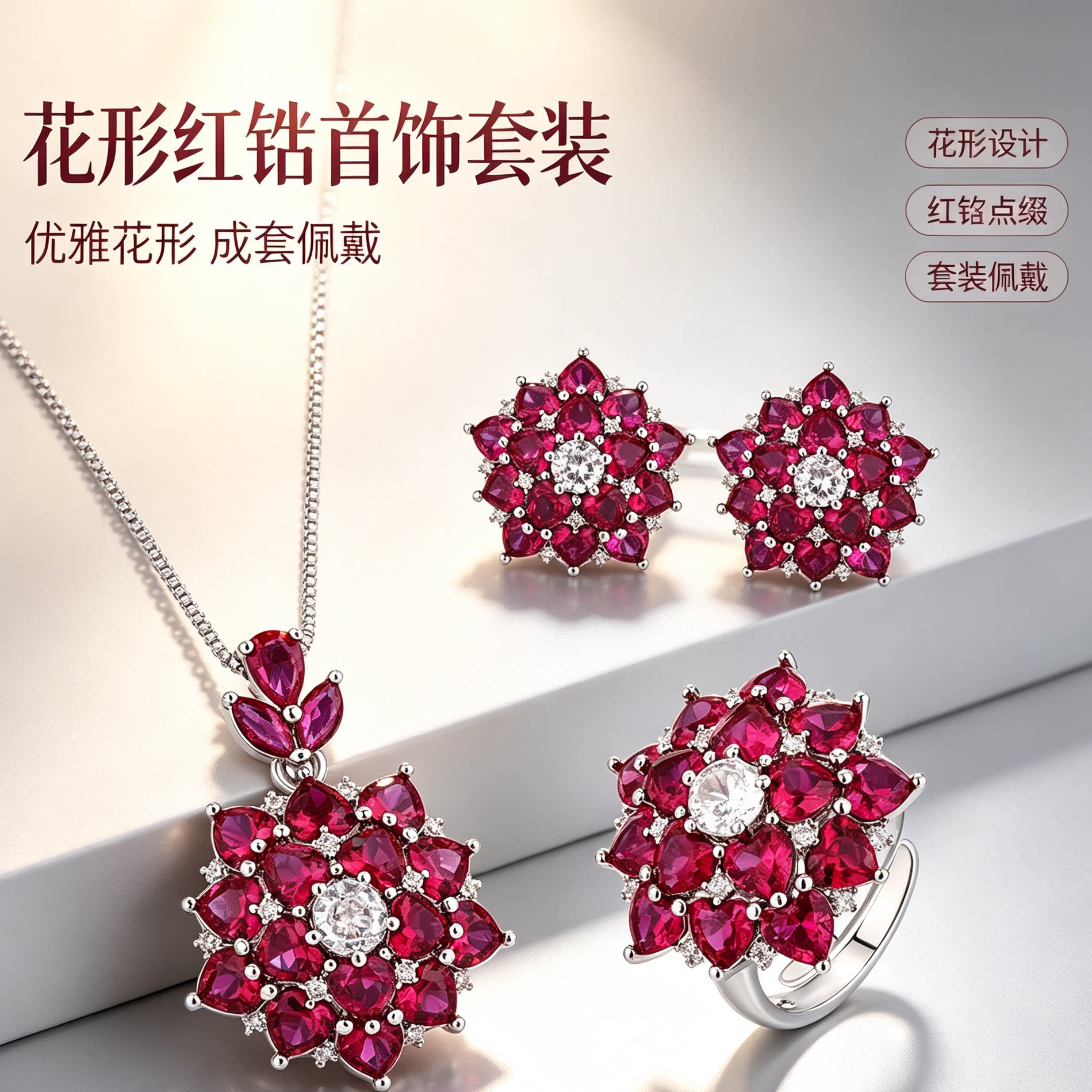 花形红锆首饰套装女轻奢重工花朵设计项链耳环戒指成套高级感配饰
