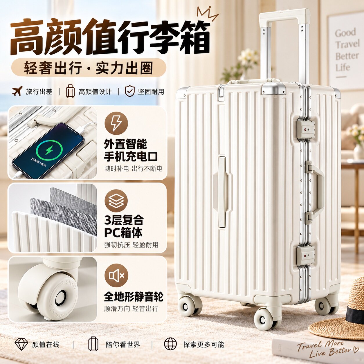 奶白高颜值静音轮充电口拉杆箱