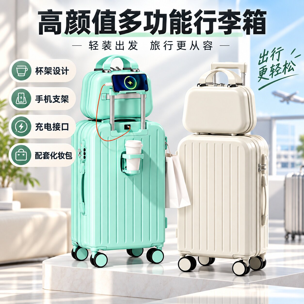 密码锁万向轮拉杆箱带杯架